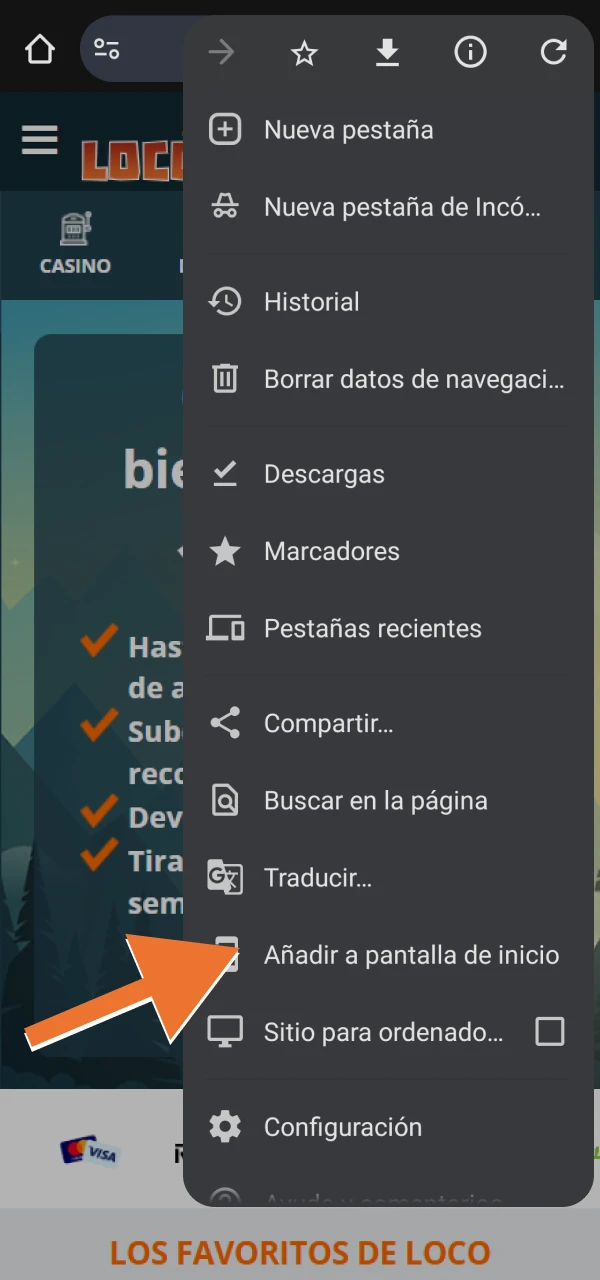 En el menú del navegador, busca la opción Añadir a la pantalla de inicio para añadir LocoWin.