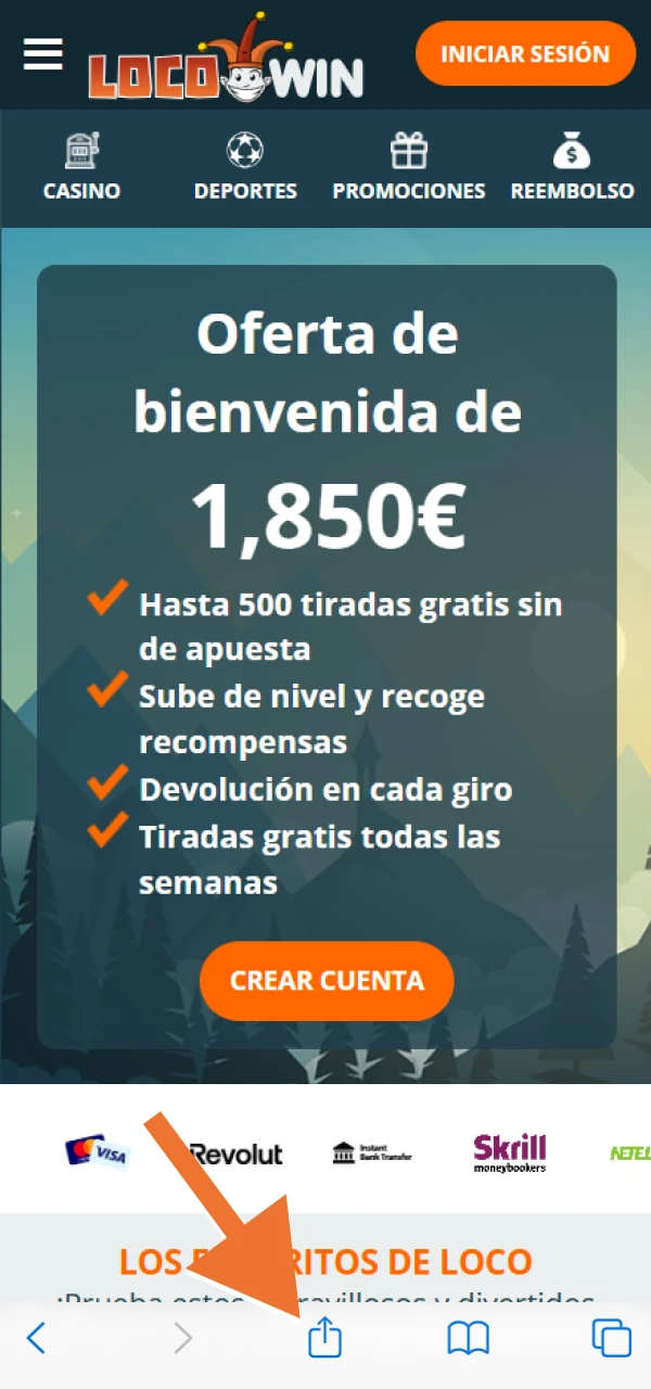 Haga clic en Compartir para añadir la versión móvil de LocoWin.