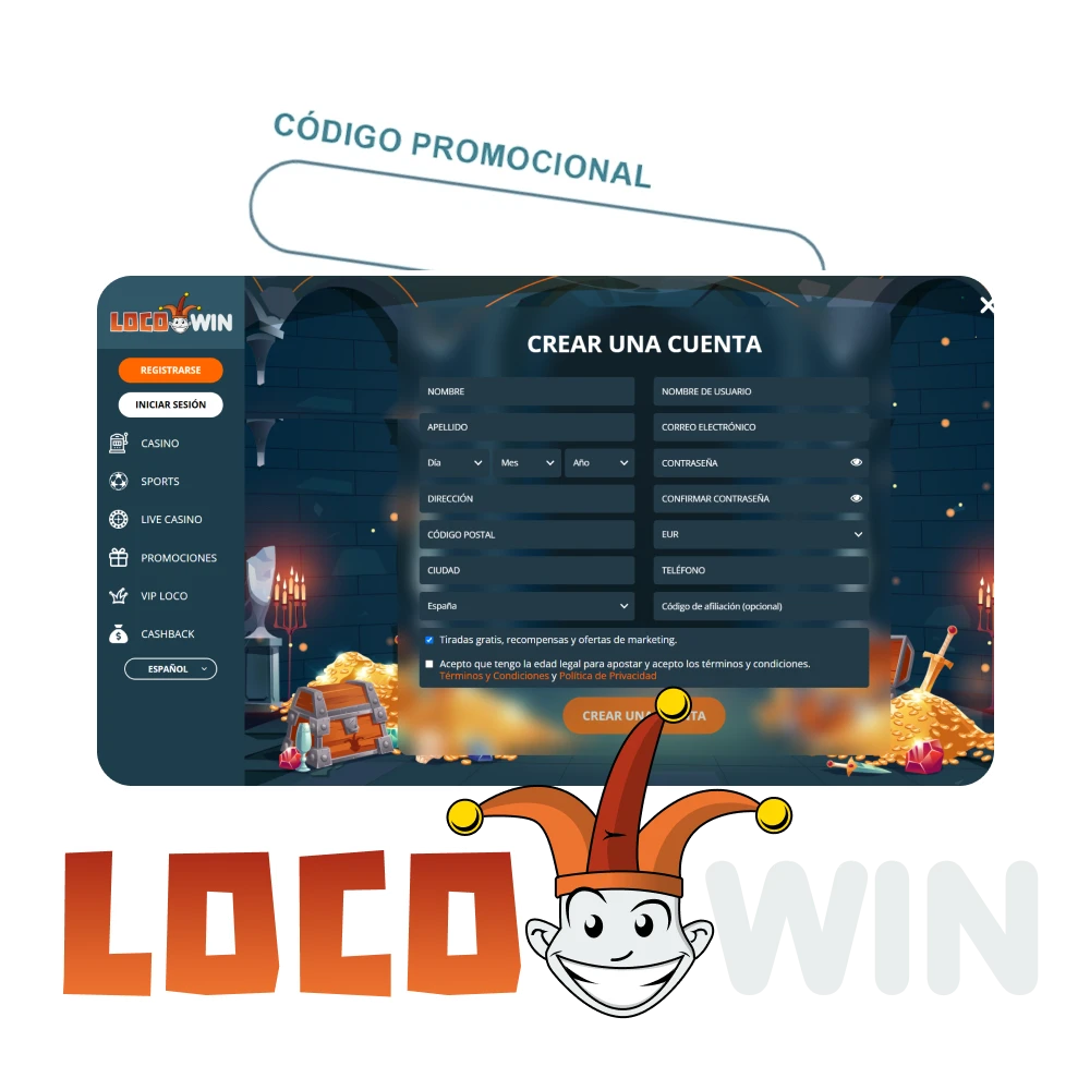 Introduce el código promocional al registrarte en la plataforma LocoWin.