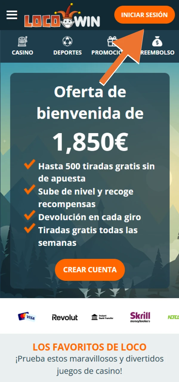 Busca el botón de inicio de sesión en el sitio web de LocoWin.