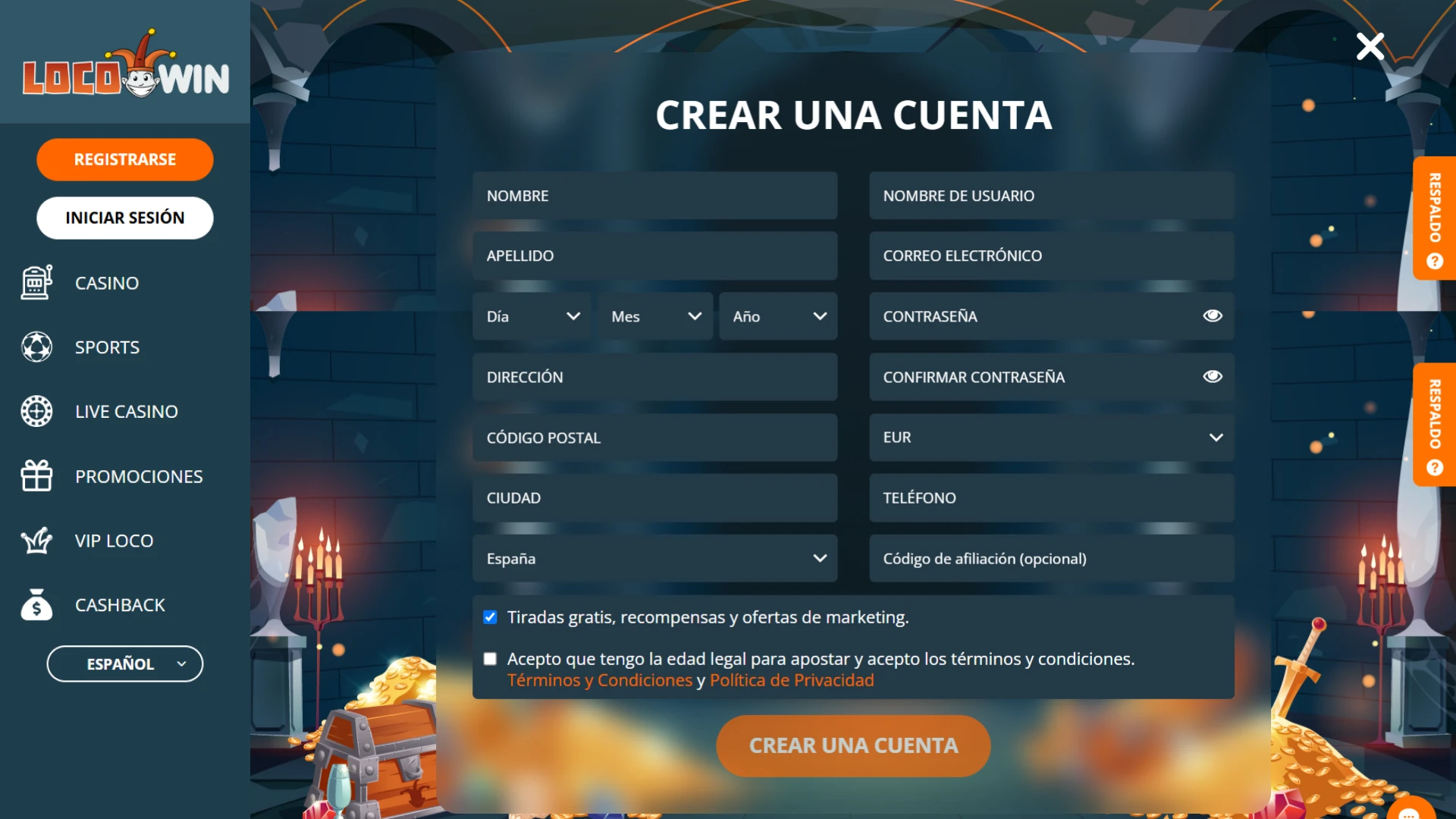 Regístrate en LocoWin para jugar y apostar.