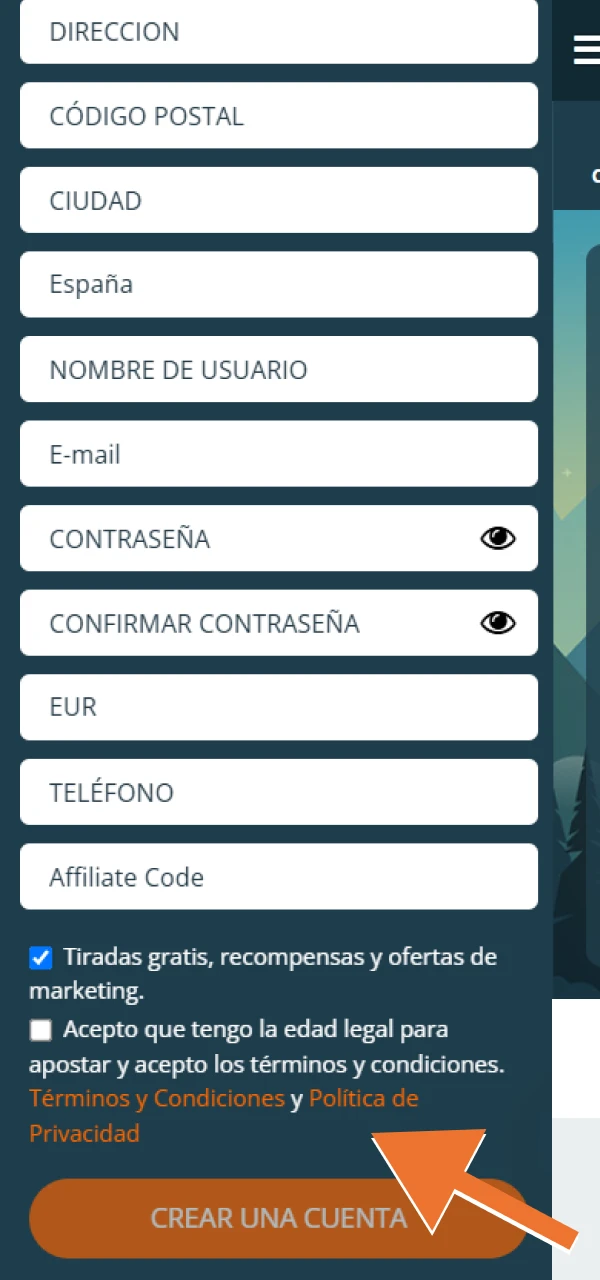 Marque las casillas necesarias para crear una cuenta LocoWin.