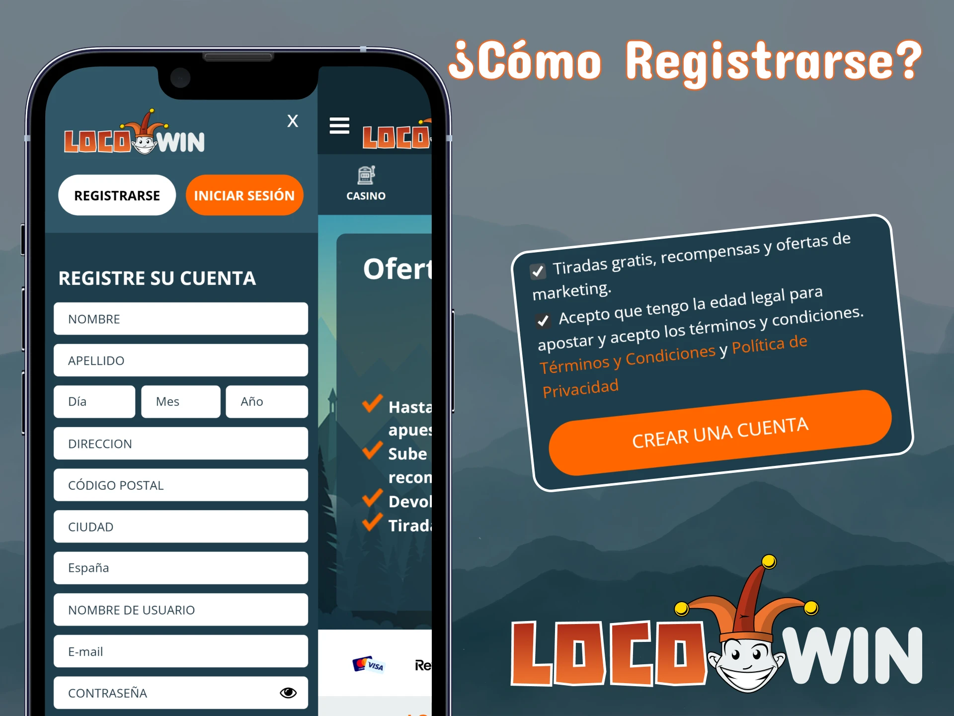 Crea una cuenta a través de la aplicación LocoWin.