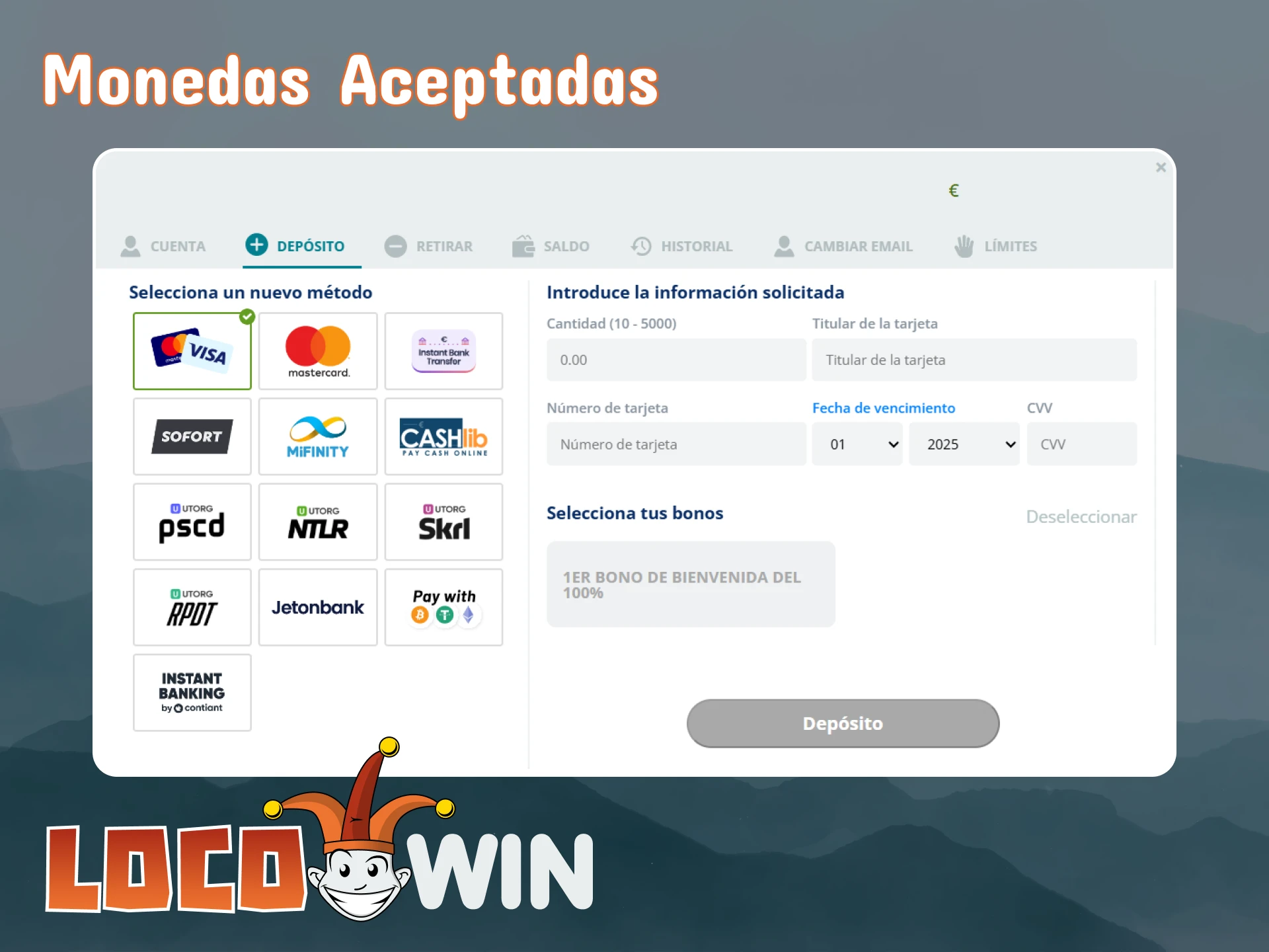 LocoWin acepta muchas monedas para realizar depósitos.