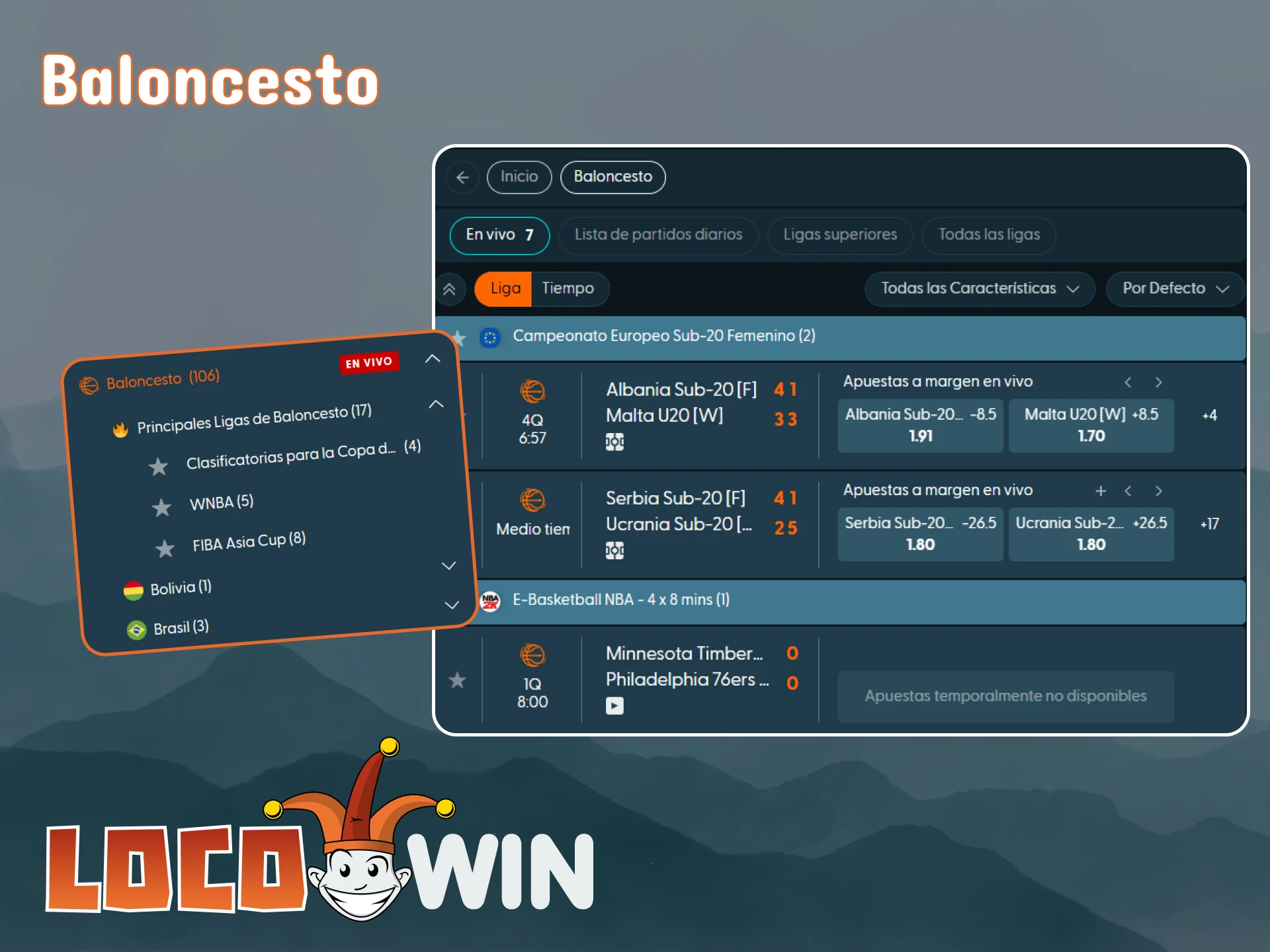 En LocoWin, puedes realizar apuestas en partidos de baloncesto.