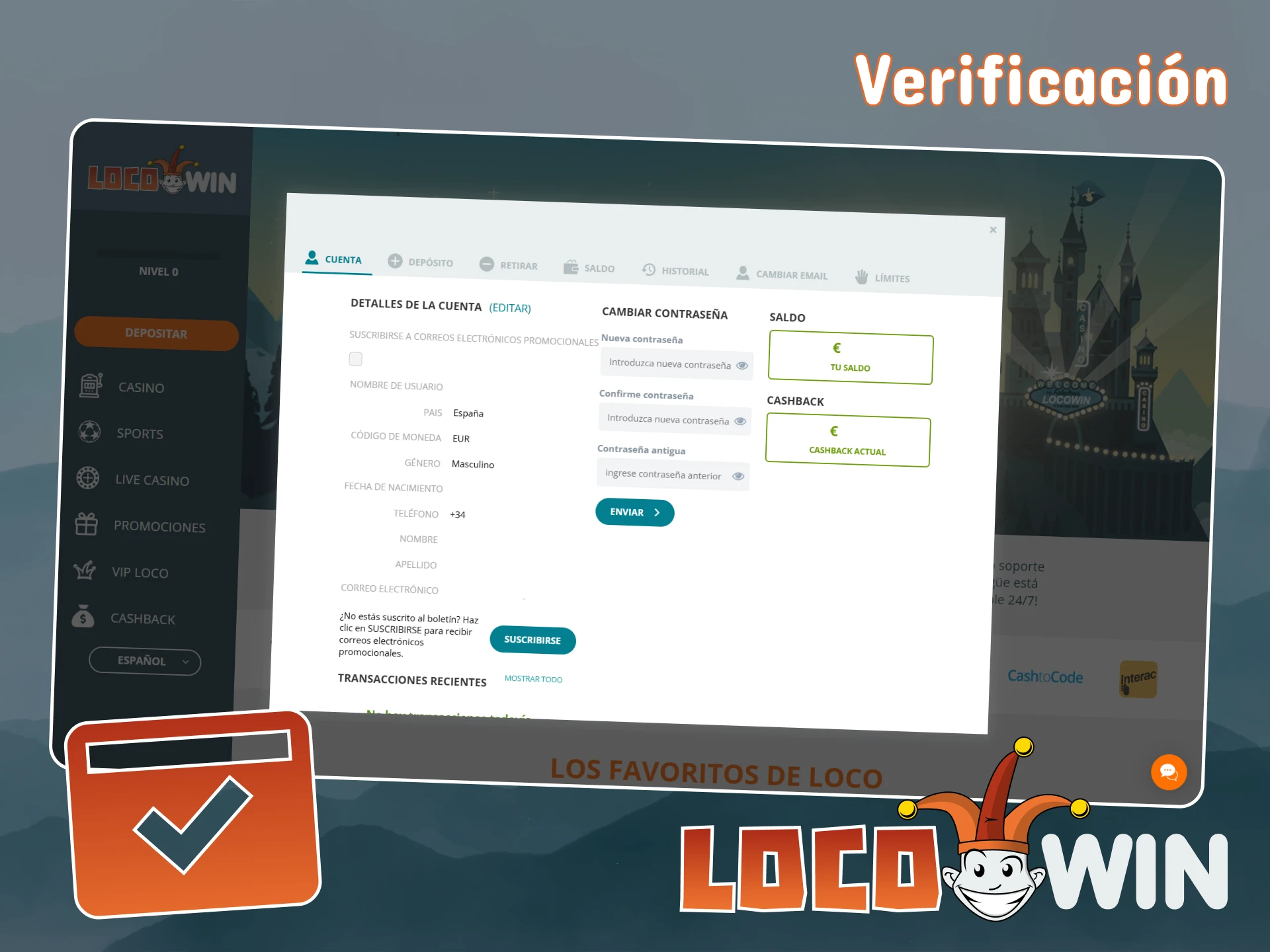 Verifica tu cuenta de LocoWin después de registrarte.